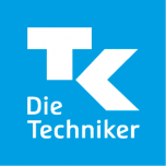 Ein Quadrat im Blau der Techniker Krankenkasse mit einem weißen großen T und K, sowie dem Schriftzug "Die Techniker"-